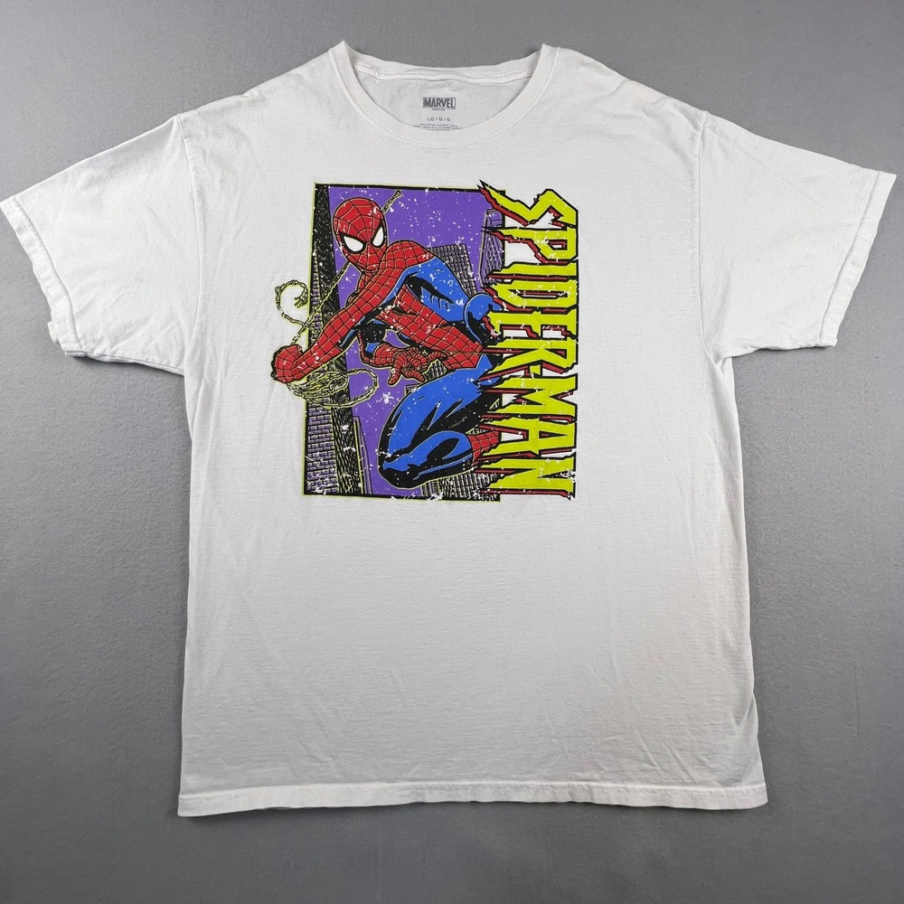 Marvel Spider-Man T-Shirt Men Large White Graphic Comic Book Superhero Tee Retro